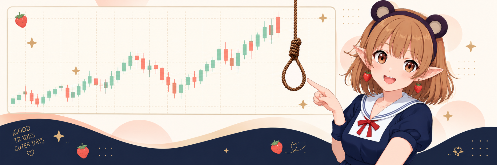KMS MAKER character pointing to a rope beside a candlestick chart